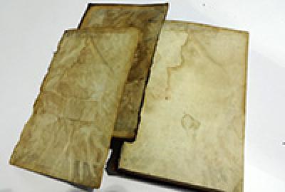 Water damaged board, endpaper and fly leaf